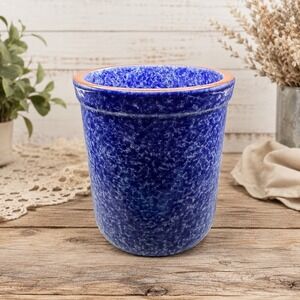 Style-Eyes Baum Bros Terra Collection Blue Spongeware Ceramic Crock Utensil Jar